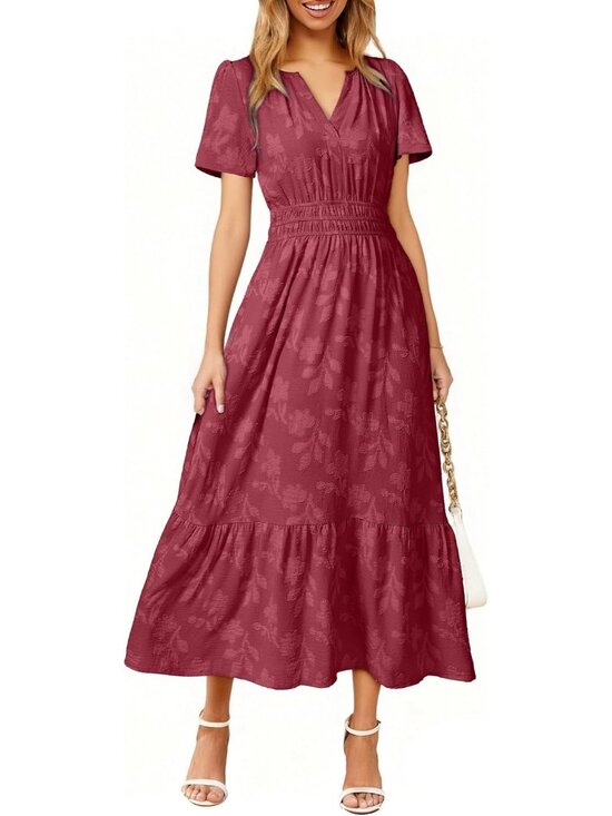 Dresses & Skirts - Women's Burgundy Short Sleeve V Neck Empire Waist Floral Imported Maxi Dress